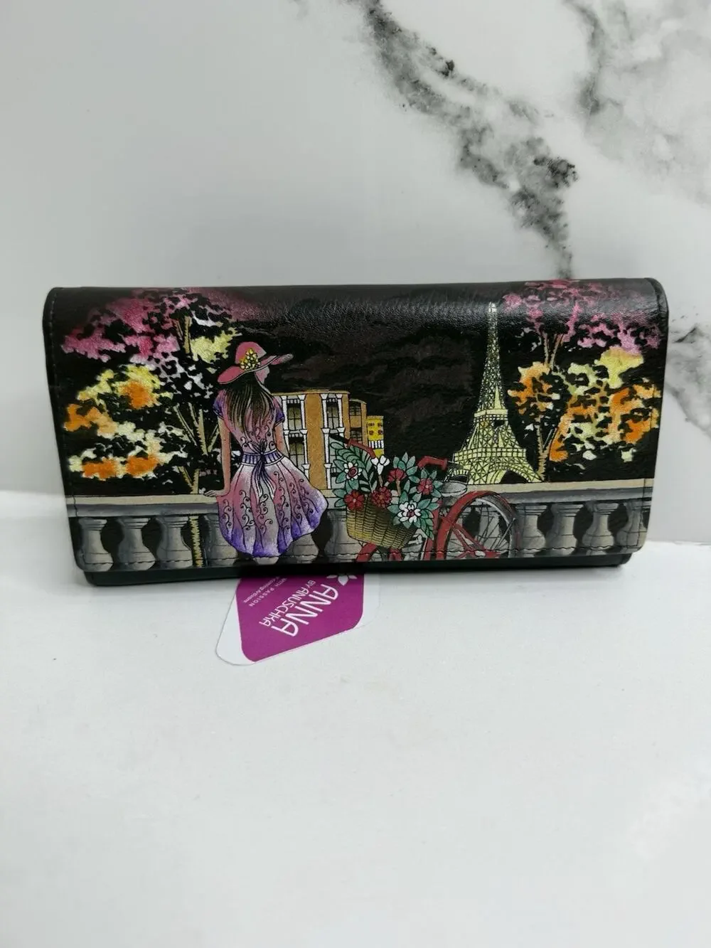 ANNA by ANUSCHKA Leather Hand Painted Signed Wallet “Paris At Night “ Art
